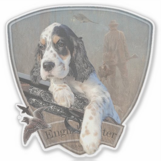 Sticker Chiot de Setter anglais avec fusil de chasse class (Devant)