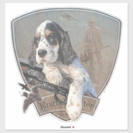 Sticker Chiot de Setter anglais avec fusil de chasse class (Feuille)
