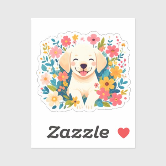 Sticker chiot labrador jaune au milieu des fleurs (Feuille)