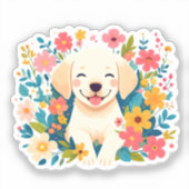 Sticker chiot labrador jaune au milieu des fleurs (Recto)