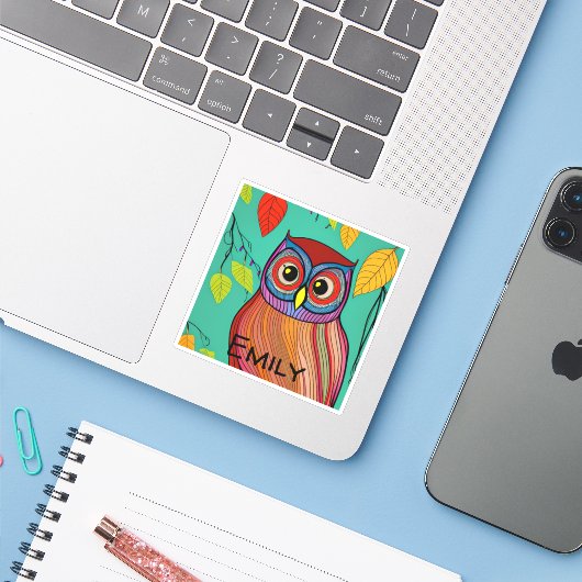 Sticker Chouette Abstraite aux couleurs éclatantes (Ordinateur portable avec iPhone)