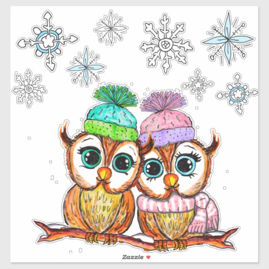 Sticker Chouette mignonne Couple et Snowflakes (Feuille)