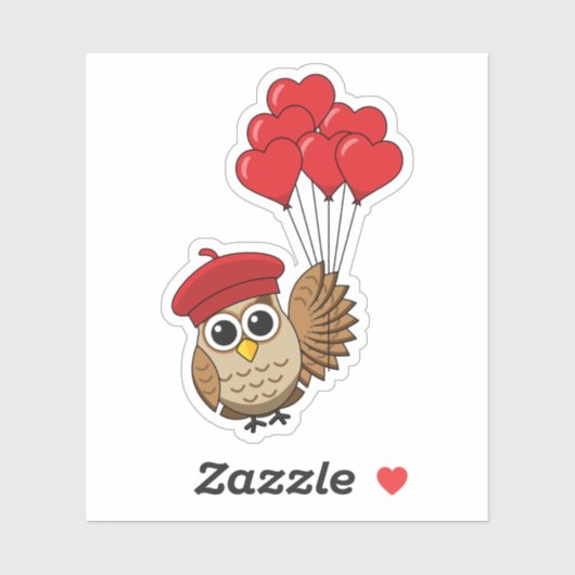 Sticker Chouette mignonne volant avec des ballons de coeur (Feuille)