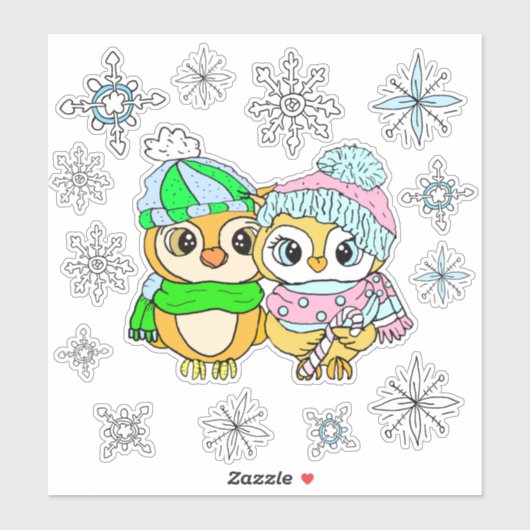 Sticker Chouettes d'aquarelle à Whimsical Couple et Snowfl (Feuille)
