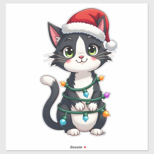 Sticker Christmas Cat Tuxedo black cat xmas lights kitty c (Feuille)