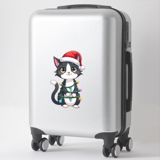 Sticker Christmas Cat Tuxedo black cat xmas lights kitty c (Sur valise)
