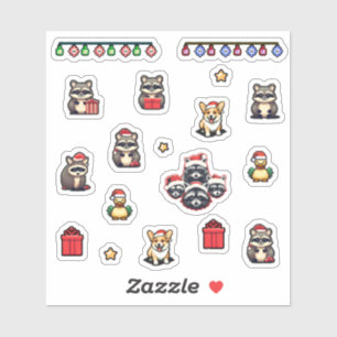 Sticker Christmas Cute Raccoons 8bit pixels icônes set