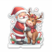 Sticker Christmas Highland Cow With Santa Scottish Vintage (Devant)