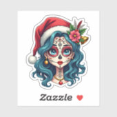 Sticker Christmas Sugar Skull Art Woman Santa Hat Festive  (Feuille)