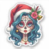 Sticker Christmas Sugar Skull Art Woman Santa Hat Festive  (Devant)