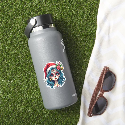 Sticker Christmas Sugar Skull Art Woman Santa Hat Festive  (HydroFlask Insitu)