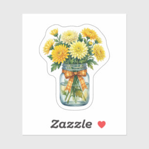 Sticker Chrysanthème Aquarelle Pot Mason Jaune Floral S
