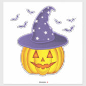 Sticker Citrouille d'Halloween mignon portant sorcière Cas (Feuille)