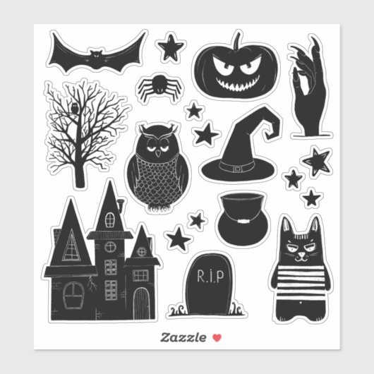 Sticker Citrouille noir et blanc, sorcière, hibou. Hallowe (Feuille)