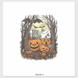 Sticker Citrouilles d'Halloween Chat Gris Chauve-Souris Pl