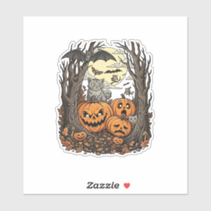 Sticker Citrouilles d'Halloween Chat Gris Chauve-Souris Pl