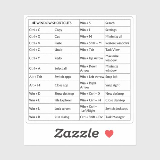 Sticker Clair blanc 25 touches de raccourci Windows sélect (Feuille)