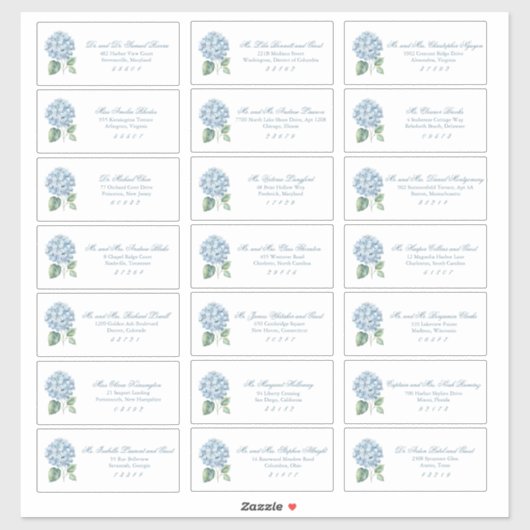 Sticker Classic Blue Hydrangea Wedding Guest Address (Feuille)