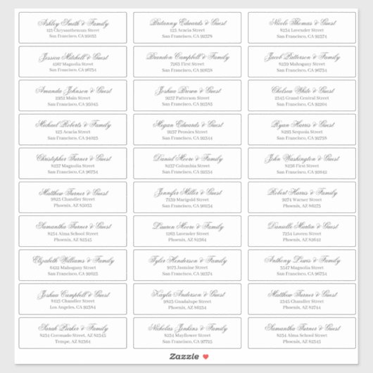 Sticker Classic Cursive Script Mariage Nom d'invité Adress (Feuille)