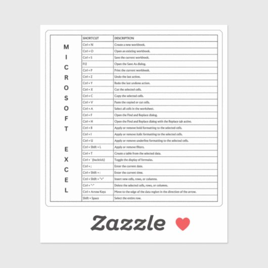 Sticker Clés de raccourci Microsoft Excel Windows en blanc (Feuille)