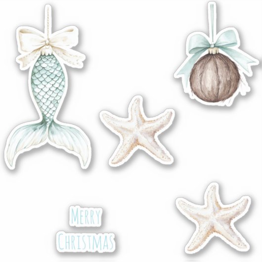 Sticker Coastal Christmas Mermaid Bow Starfish Beach (Devant)