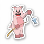 Sticker Cochon à la pêche avec la canne à pêche et le pois (Devant)