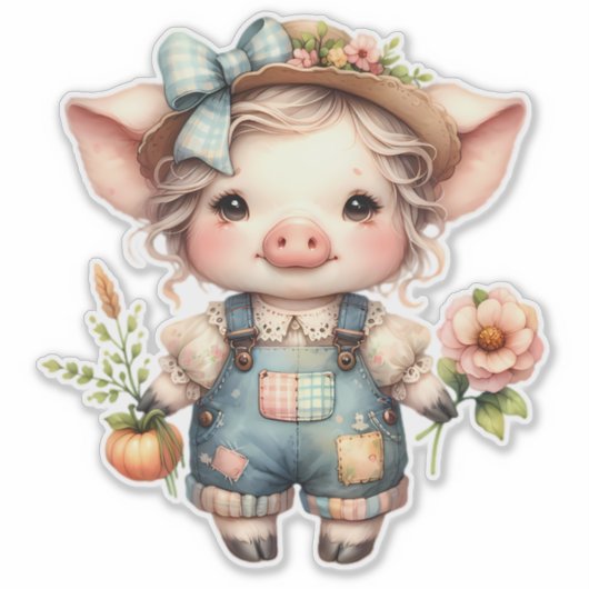 Sticker Cochon fermier mignon dans les salons avec fleurs (Devant)