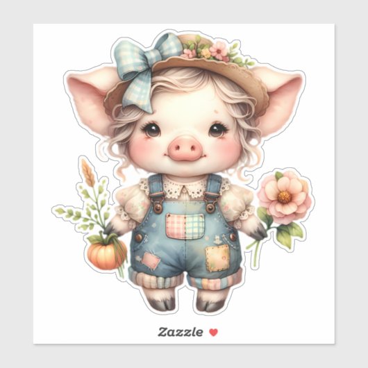 Sticker Cochon fermier mignon dans les salons avec fleurs (Feuille)
