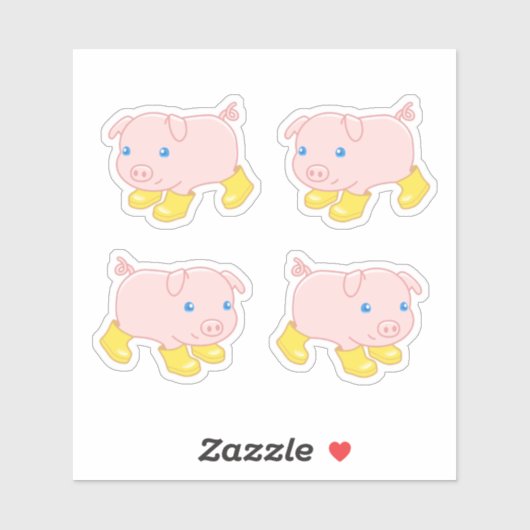 Sticker Cochon mignon dans Bottes en caoutchouc jaune, Ens (Feuille)