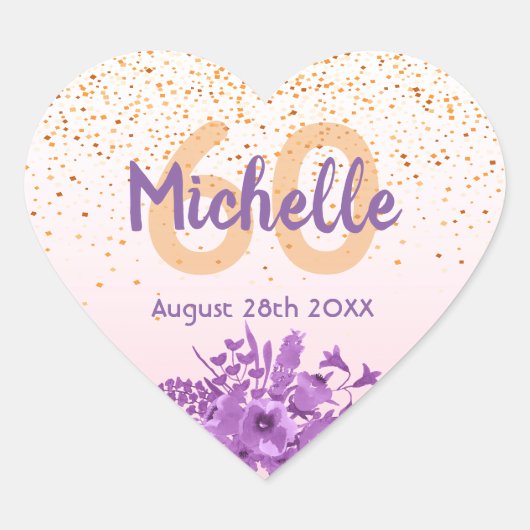 Sticker Cœur 60e anniversaire blush rose or violet fleuri (Devant)