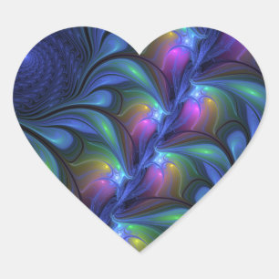 Sticker Cœur Abstrait Lumineux Bleu Rose Vert Fractal Coloré