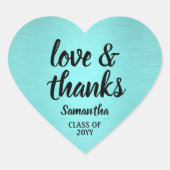 Sticker Cœur Aimer & Merci Brossé Bleu Turquoise Élégant (Devant)