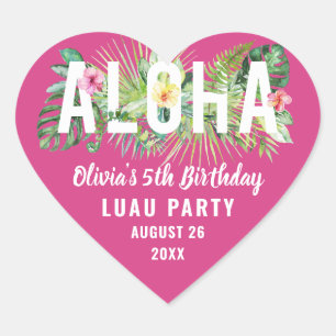 Sticker Cœur Aloha Tropical Fuchsia rose fête d'anniversaire Fa