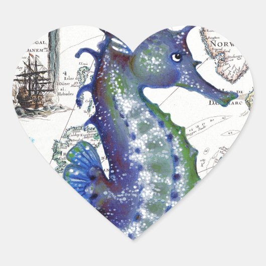 Sticker Cœur Ancienne carte de Seahorse (Devant)