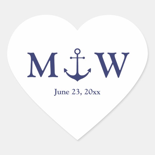 Sticker Cœur ancre nautique mariage marine bleu blanc monogramm (Devant)