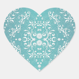 Sticker Cœur Aqua Turquoise et blanc Damas florales