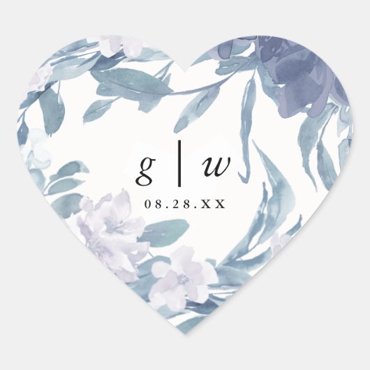 Sticker Cœur Aquarelle bleue Florale avec Monogramme Mariage Da (Devant)