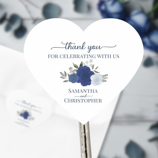 Sticker Cœur Aquarelle bleue Roses Merci de mariage élégant