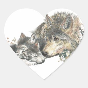 Sticker Cœur Aquarelle Mère Wolf & Cubs Animal Art