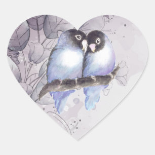 Sticker Cœur Aquarelle originale Bleu Lovebirds, Coeur d'Oiseau