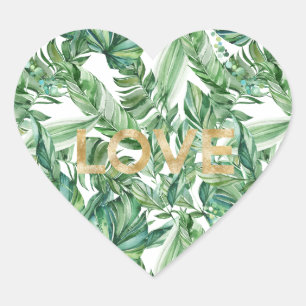 Sticker Cœur Aquarelle tropicale Vert Feuille Gold Love
