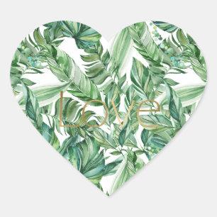 Sticker Cœur Aquarelle tropicale Vert Feuille Gold Love (mince)