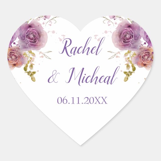 Sticker Cœur Aquarelle violet Mariage floral (Devant)