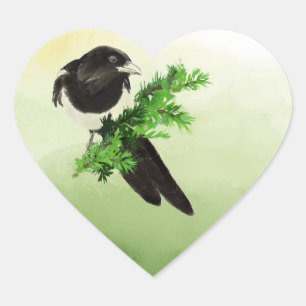Sticker Cœur Art aquarelle Pie curieux Jardin Oiseau Faune