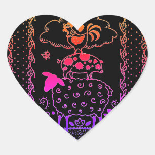 STICKER CŒUR ART FOLAIRE ANIMAUX DE FERME MOUSSE, PIG, ROOSTER