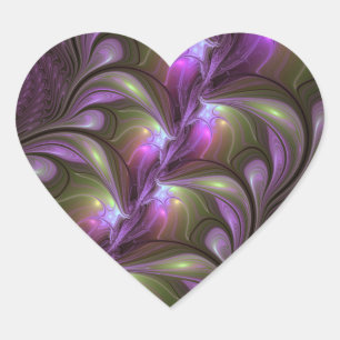 Sticker Cœur Art fractal abstrait violet pourpre kaki coloré