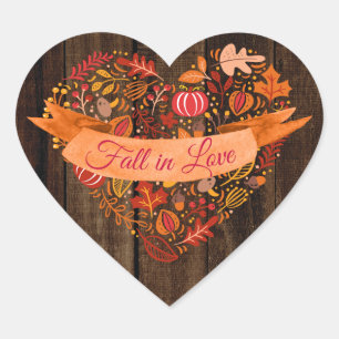 Sticker Cœur Automne Feuilles Bois Citrouille Chute d'amour