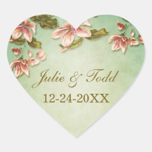 Sticker Cœur Azalées roses Vintage sur Green Mist Enregistrer l