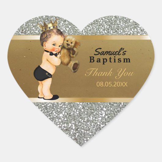 Sticker Cœur Baby Boy Baptism Merci Favor | Gold Silver (Devant)