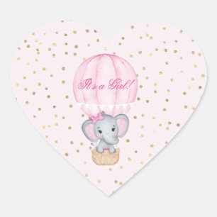 Sticker Cœur Baby shower éléphant bébé fille à ballon chaud